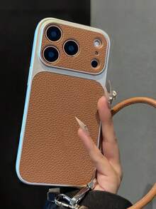 Fashion Litchi Leather Texture Large Window Phone Case Compatible With IPhone 17 Pro Max, 17 Pro, 16 Pro Max, 15, 14 Pro, 13, 12 Pro, 17, Camera Protection Matte Soft Edge Anti-Drop Protective Cover With Detachable Brown Wrist Strap And Lanyard - Khaki - View 3