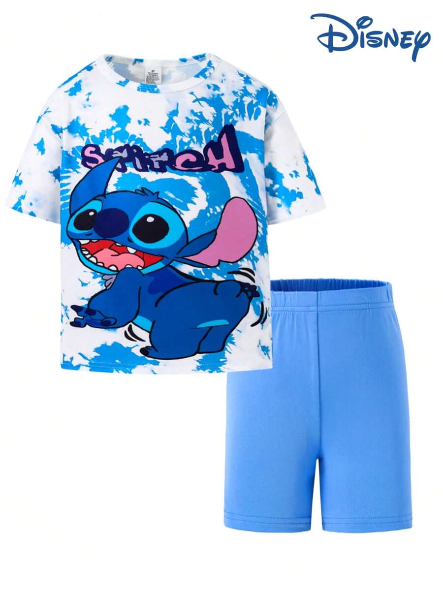 Disney Summer Young Girls Stitch Cute Short Sleeve T-Shirt And Shorts Set, Stitch Cartoon Print, Stretchy Solid Color Pants, Suitable For Children's Daily Wear, Great Gift - Blue - View 1