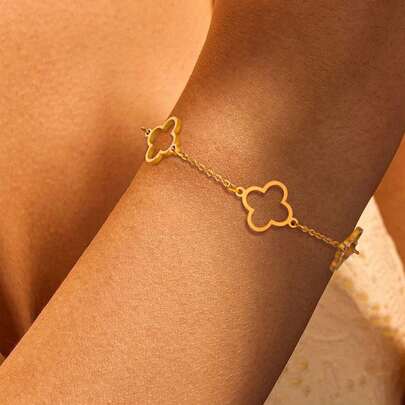 1 Piece Classic Stainless Steel Top Quality Four Leaf Flower Bracelet Simple Hollow Design Women's Lucky Clover Gift