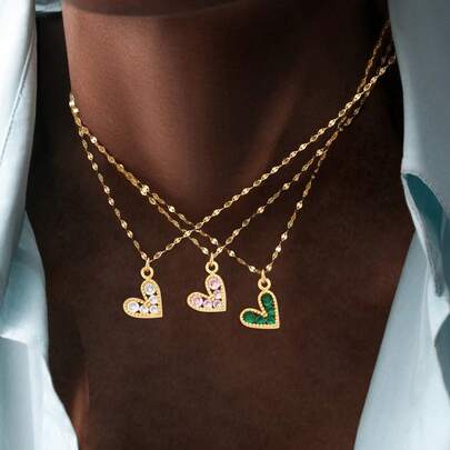 1件简约经典彩色心形吊坠不锈钢唇链项链，女士款