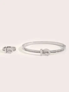 2pcs/Set Exquisite Stainless Steel Square Cubic Zirconia Bracelet & Ring Set, Jewelry Gift For Women Wedding Party Date - Silver - View 4