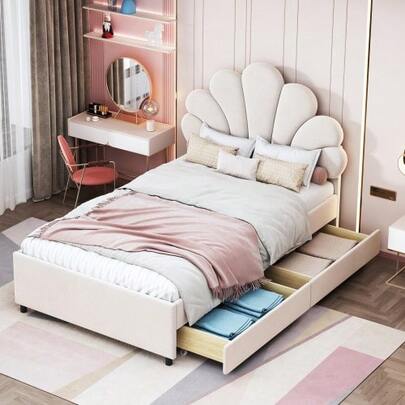Polsterbett Kinderbett 90 X 200 Cm, Bettrahmen Mit Geblümtem Kopfteil Und Lattenrost, Mit 2 Ablagefächern, Mädchenbett-Gästebett Aus High-Freundlichem Samtstoff, Beige