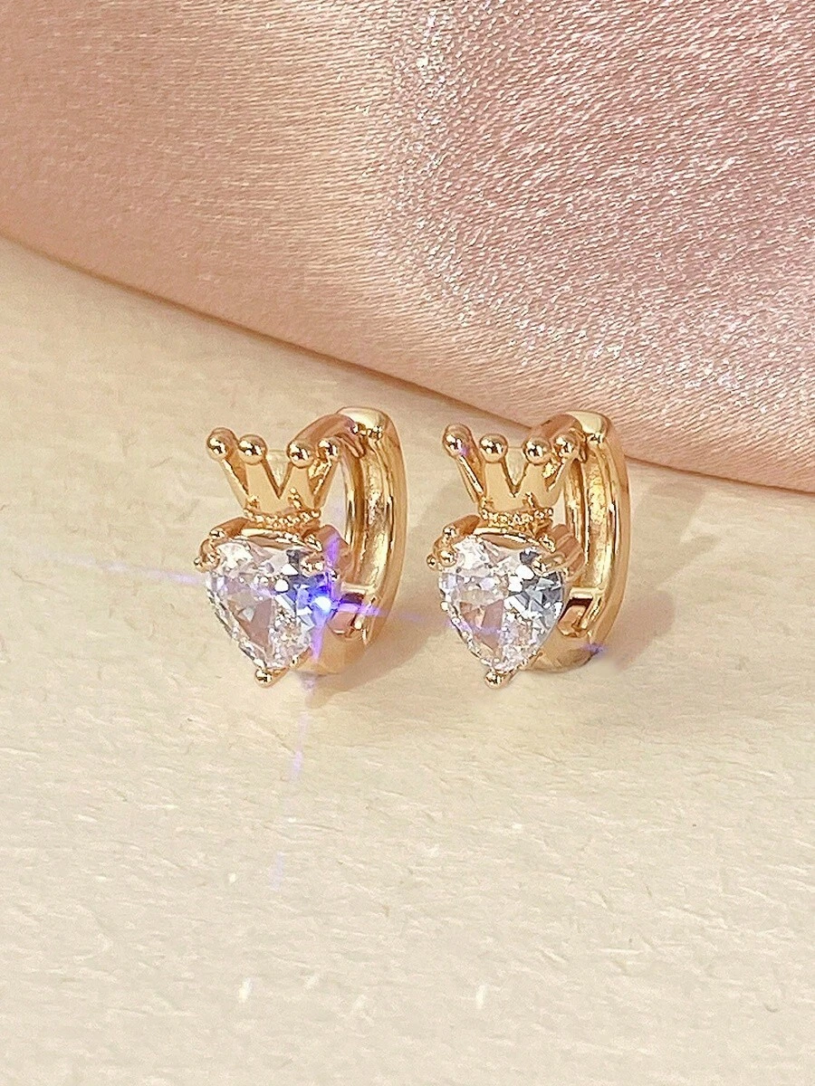 1 Pair Luxury Crown & Heart Zirconia Stud Earrings, Niche Design Elegant Earrings - Earrings - View 1