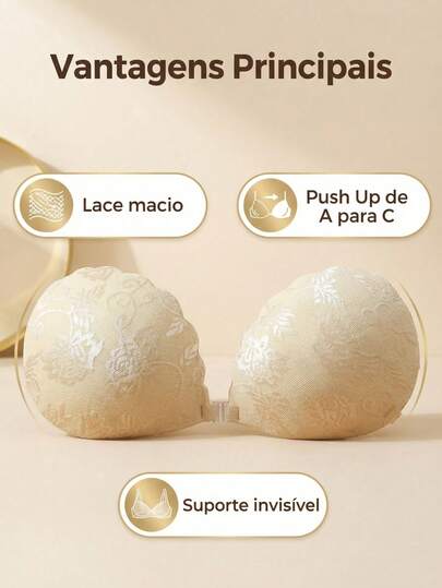 Sutiã Feminino Adesivo Invisível de Renda com Efeito Levantamento, Formato Flor em Silicione, Reutilizável para Vestidos Tomara que Caia e Decotes, Cor Nude