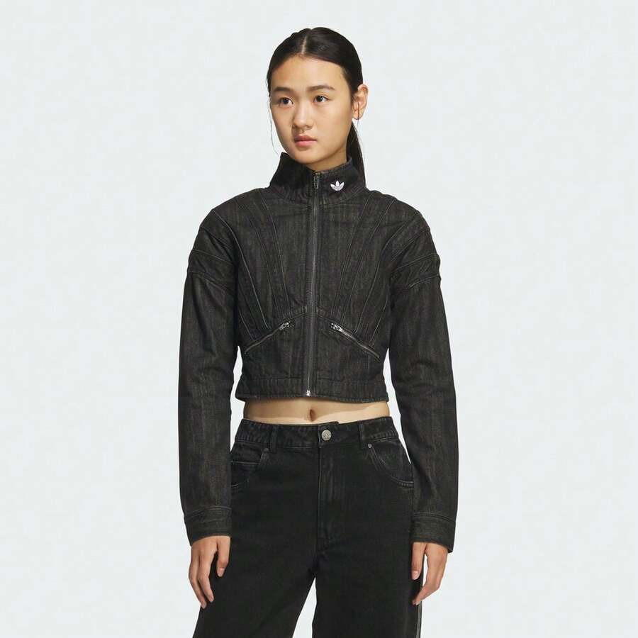 Adidas Originals 女士牛仔夹克，休闲短款运动牛仔夹克 KH1185 - 黑色 - 查看 1