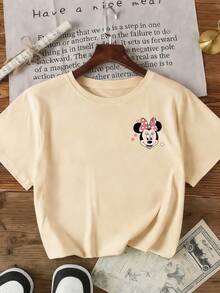 1pc Disney Minnie Mouse Cute Bow & Character Print Tween Girls' Casual T-Shirt - Soft & Breathable, Perfect For Daily Wear & Amusement Park Trips - 杏色 - 查看 2
