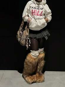 冬季女式及膝靴套穿仿皮草靴毛茸茸圆头时尚靴子绒面舒适毛绒保暖及膝靴户外室内平底鞋派对考究女式冬靴，毛茸茸靴子 - 棕色 - 查看 9