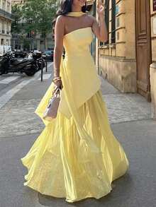 魅力十足的Floreya纯色休闲优雅不对称连衣裙，适合晚宴、假日、婚礼、生日、正式晚宴、返校派对、单身派对等场合。 - 黃色 - 查看 5