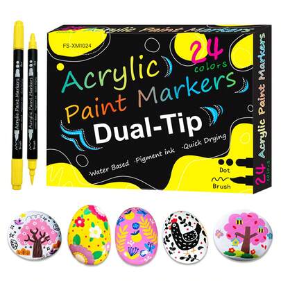 12/24pcs Double-Ended (Soft Tip + Hard Tip) Acrylic Paint Marker Pen Set, Acrylic Felt Tip Pens, Markers For Rock Painting, Canvas, Fabric, Stone, Wood, Glass, Paper, Plastic, DIY Crafts, School Supplies, Back To School Gifts