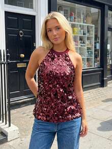 Women's Summer Sequin Tank Tops Sleeveless Crew Neck Slim Fit Vest For Party Wedding - 紅色 - 查看 1