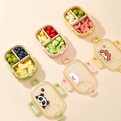 1000ML 3 Compartments Portable Plastic Lunch Box, Cute Patterned Fruit Salad Bento Box, Large Capacity Sealed Leak Proof Lunch Container, Detachable Divided Fruit Fresh-Keeping Box, Microwave Heatable, Suitable For Student And Adult Use In School, Office, Outdoor Camping, Picnic, Travel