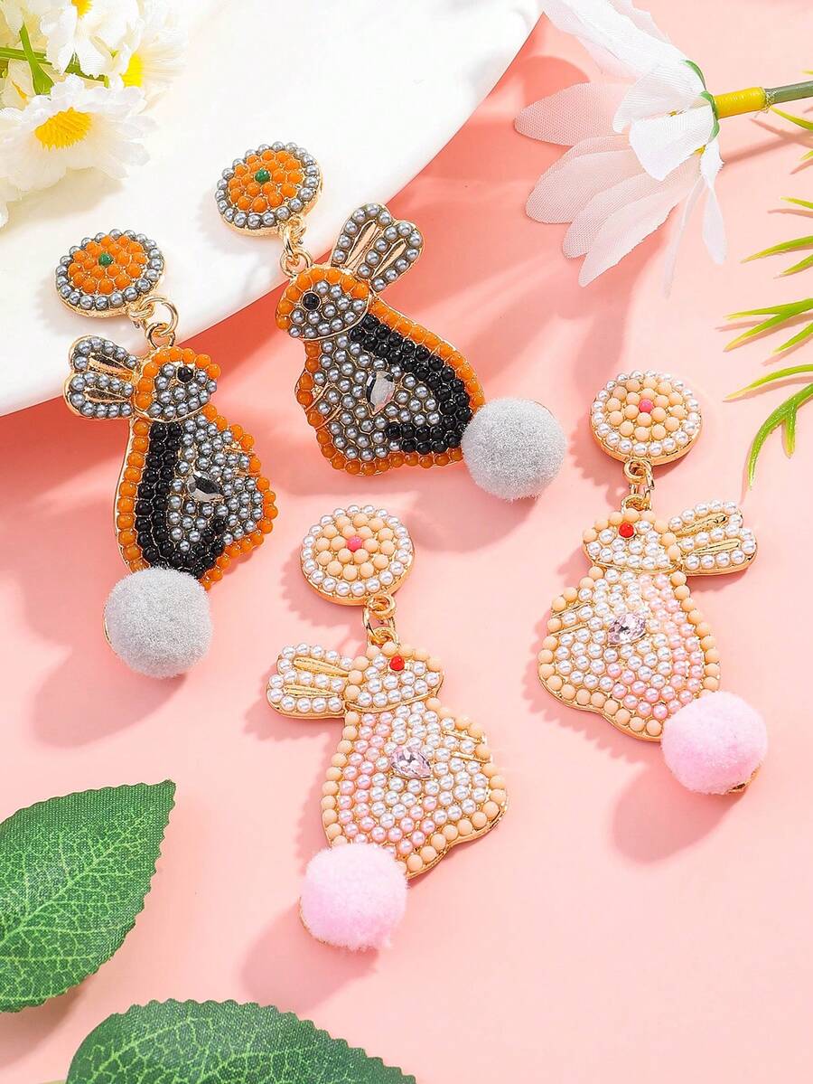 2Pairs Handmade Easter Bunny Seed Bead Dangle Earrings Set For Women, Glittery Rhinestone Grey-Orange & Pink-White Rabbit Drop Earrings With Pom Pom, Daily Party Vacation Easter Gift - Multicolor - View 1
