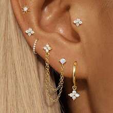 6件套铜镀金闪亮锆石百搭经典时尚耳环，女士款 - 梅花鋯石 - 查看 9