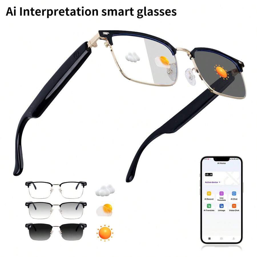 Kính Bluetooth thông minh GS13 hỗ trợ dịch thuật thời gian thực AI, tròng kính đổi màu, gọi thoại và nghe nhạc, gọng kim loại dành cho doanh nhân, sạc từ tính, kính đa chức năng dành cho doanh nhân.