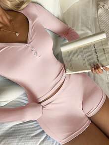 Nina Bonheur 两件套女士圆领长袖上衣+松紧腰短裤睡衣套装 - 粉色 - 查看 4