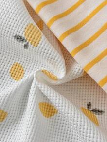 2pcs/Set Newborn Baby Boys/Girls Casual Cute Lemon Print Plaid Romper & Striped T-Shirt Set, Spring/Summer - Yellow - View 12