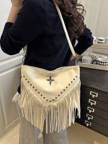 Bolso bandolera de cuero retro de moda, bolso de hombro estilo bohemio con flecos y remaches, cartera cuadrada casual, bolso de mensajero adecuado para viajes y uso diario, bolso bandolerade - Beis - Ver 5