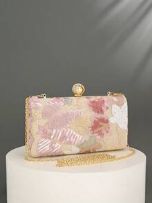 1pc New Floral Sequin Handbag, Vintage Sequin Embroidered Flower Chain Shoulder Bag, Mini Box Bag, Suitable For Party Girls, Brides, Newlyweds And Office Ladies For Party, Ball, Wedding (Pattern Random) - Pink - View 2