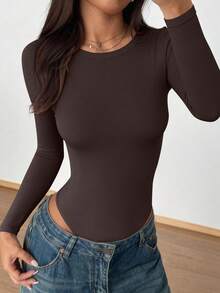 Women Spring Bodysuits For Long Sleeve Shirts Fitted Basic Ribbed Layering Bodys Tops Fall Fashion Winter Clothes Dark Brown Vacation Rompers Outfits For Women - Dark Brown - View 6