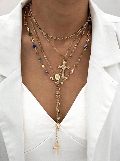 5pcs/Set Vintage Elegant Casual Minimalist Unisex Colorful Criss-Cross Crystal Y-Necklace Set, Includes Cross & Tassel Pendant, Suitable For Daily Wear, Gatherings, Parties, Holidays, And Gifts