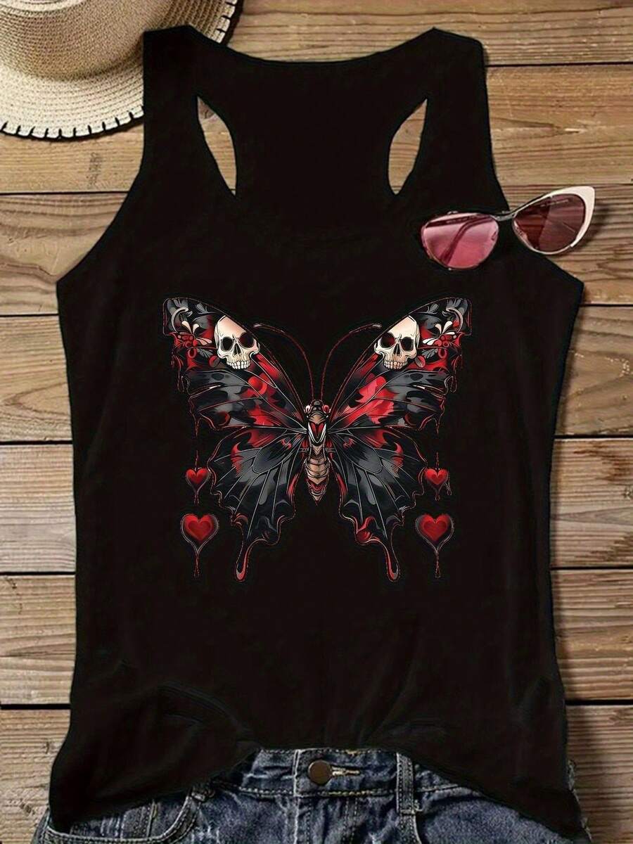 Plus Size Women'S Gothic Butterfly & Skull Graphic Tank Top - Black Sleeveless Round Neck Summer Top With Red Hearts & Geometric Design, Stretchy Polyester Streetwear For Casual Outfits, Butterfly Shirt, Edgy Fashion, Bold Print, Comfortable Fit, Statement Piece, Fashion Lovers, Street Style, Soft Material, Fashionforward Women Minimalist, Modern, And Made For Versatility. This Sleeveless Tank Top Is The Ultimate Building Block For Countless Outfits-Durable, Easy To Care For, And Designed To Last, It's A Smart Investment For Any Wardrobe. Grab Yours Today And Experience Effortless Style At Its Best! - 黑色 - 查看 1