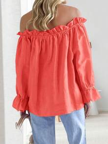 Women's Fall Off The Shoulder Ruffle Blouse Puff Sleeve Tie Front Design Loose Elegant Top - 橘色 - 查看 5