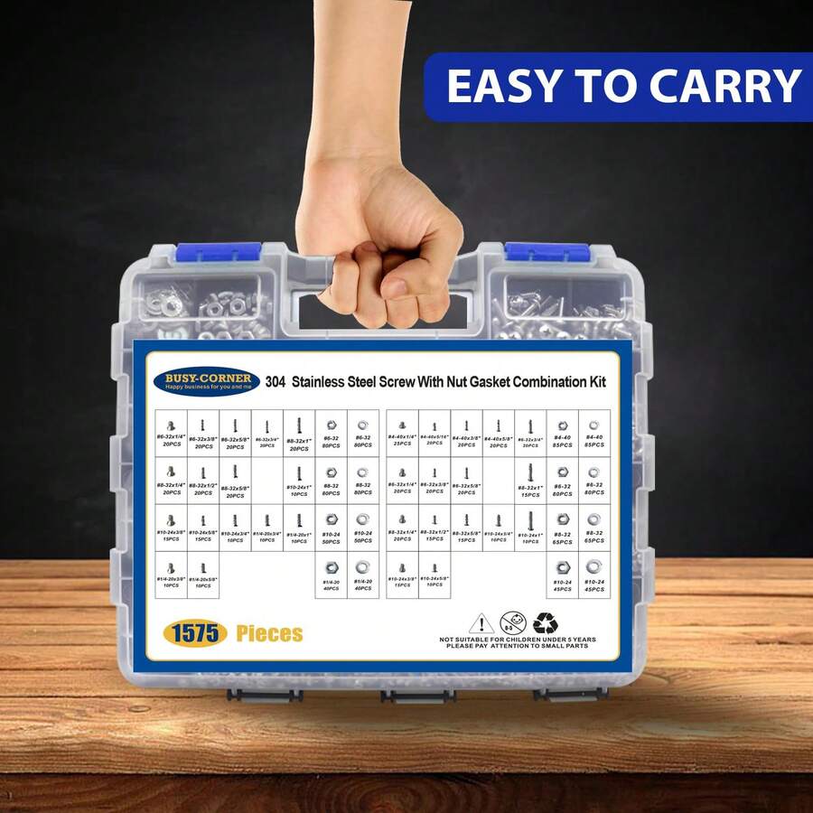 1575 Piece Stainless Steel Bolt Assortment Kit, Pan Head And Flat Head Screws With Nuts And Washers, 304 Rust Proof Hardware Set In Organiser Box - Blue - View 1