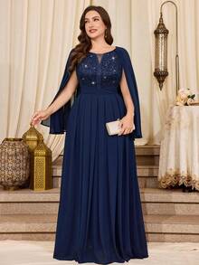 Vestido Longo de Chiffon com Decote V Profundo, Renda Floral com Lantejoulas, Bainha com Babado Contrastante, Adequado para Bailes, Festas Formais, Convidados de Casamento, Ocasiões Formais, Cerimônias de Formatura, Galas, Etc. Primavera - Azul Marinho - Visão 3