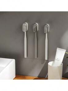 1/2个免钻孔牙刷架，浴室壁挂式收纳架，防尘透明盖牙刷挂钩，浴室梳妆台收纳挂钩，简约风格牙刷整理器，家用粘性牙刷挂架 - 彩色 - 查看 7