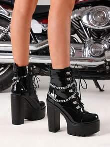 Y2K Gothic Platform Ankle Boots For Women Fashion Block Chunky High Heels Punk Chain Decoration Lace-Up Side Zipper Party Cosplay Boots Woman - Bằng sáng chế đen - Xem 3