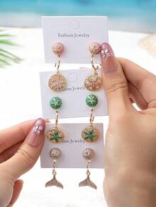 2 Pairs Ocean Beach Style Starfish Stud Earring & Mermaid Tail Dangle Earrings, Sand Dollar Drop Earrings Set Suitable For Vacation, Bikini Outfits, Bohemia Vacational Jewelry For Women - Multicolor - View 6