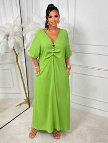 Amarilo Long Woven Fabric Dress, Deep V-Neck, Button Front, Batwing 3/4 Sleeves, Arabic Style - Green - View 5
