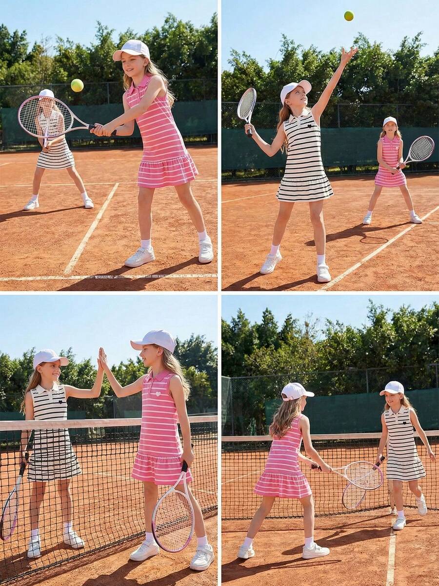 2 peças Vestido Casual e Confortável para Meninas com Padrão Listrado, Bainha Franzida e Gola Polo Sem Mangas - Multicolorido - Visão 1