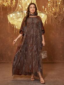 SUPGIR Women's Mandarin Collar Long Sleeve Handmade Rhinestone Satin Evening Dress - Brown - View 3