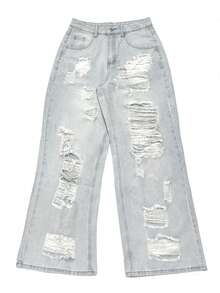 YUMINOW 做旧牛仔裤、灰色牛仔裤、女士秋季服装、Y2K街头服饰 - 淺灰色 - 查看 1