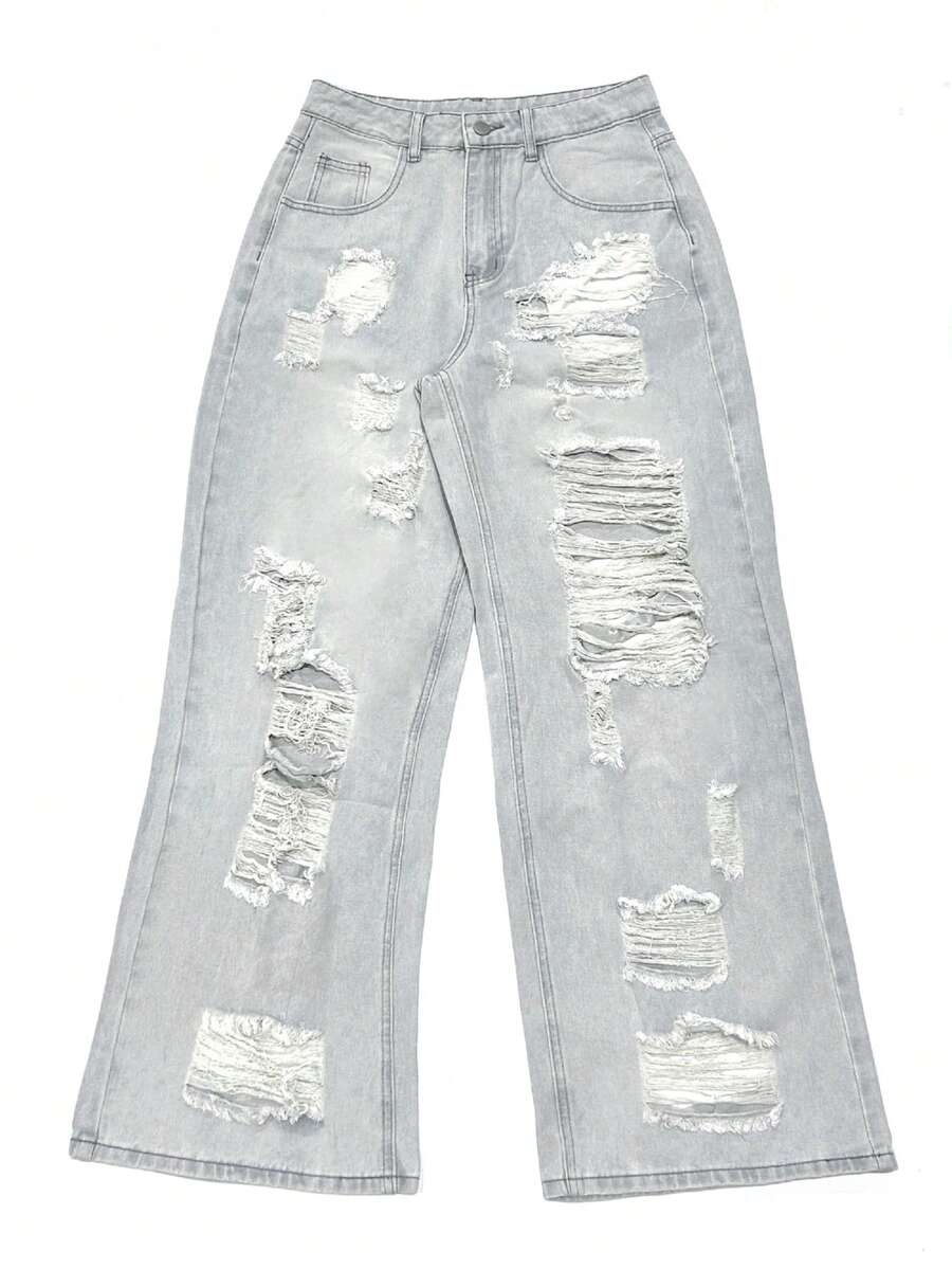 YUMINOW 做旧牛仔裤、灰色牛仔裤、女士秋季服装、Y2K街头服饰 - 淺灰色 - 查看 1