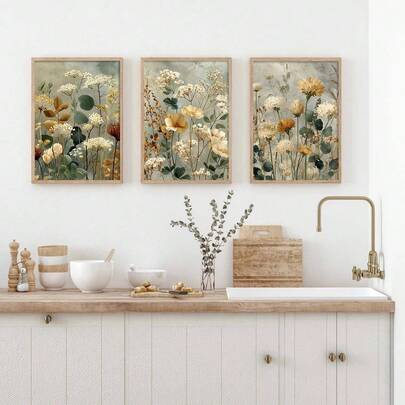 1/3件套无框复古植物花卉乡村风帆布海报波西米亚风复古墙面艺术印刷品农舍田园风装饰画，适用于宿舍、客厅、卧室、现代家居装饰