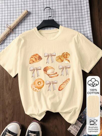 Bread Print Casual 100% Cotton Short Sleeve T-Shirt, Cotton T-Shirt, Graphic Tee, Retro Sports Oriental Aesthetic Street Style Graphic Tee - 100% Premium Cotton St. Patrick's Day Lucky Tee Easter Tee 100% Cotton St. Patrick's Day Shirt - Funny Top 2026 Back To School, School Style Inspiration, Back To School Essential, First Day Of School, 2026 Back To School Apparel Summer