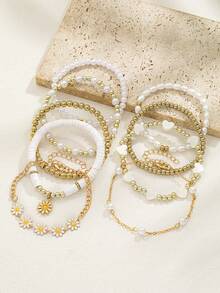 9pcs/Set Countryside Style Cute Sweet Heart & Flower Beaded Bracelet Set, Suitable For Daily Wear - Multicolor - View 2