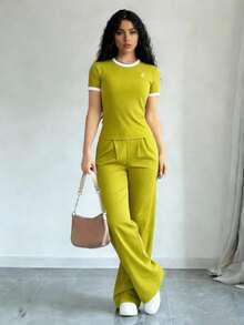 Set de 2 piezas para mujer con camiseta de manga corta de unicolor y pantalones con cordón en la cintura, estilo casual - Verde militar - Ver 3