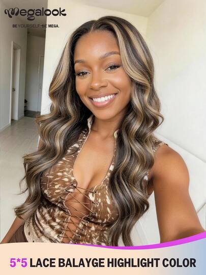 MEGALOOK 挑染高光 5x5 蕾丝 100% 真人发水波纹假发 20-30 英寸 150% 密度 自然色假发，透明蕾丝闭合 - 自然逼真，适合日常佩戴，可打造办公室、僵尸新娘、万圣节派对、Y2K 复古风、度假装扮、户外角色扮演、校园、学校假期、圣诞节派对、婚礼等各种场合，适合女性佩戴