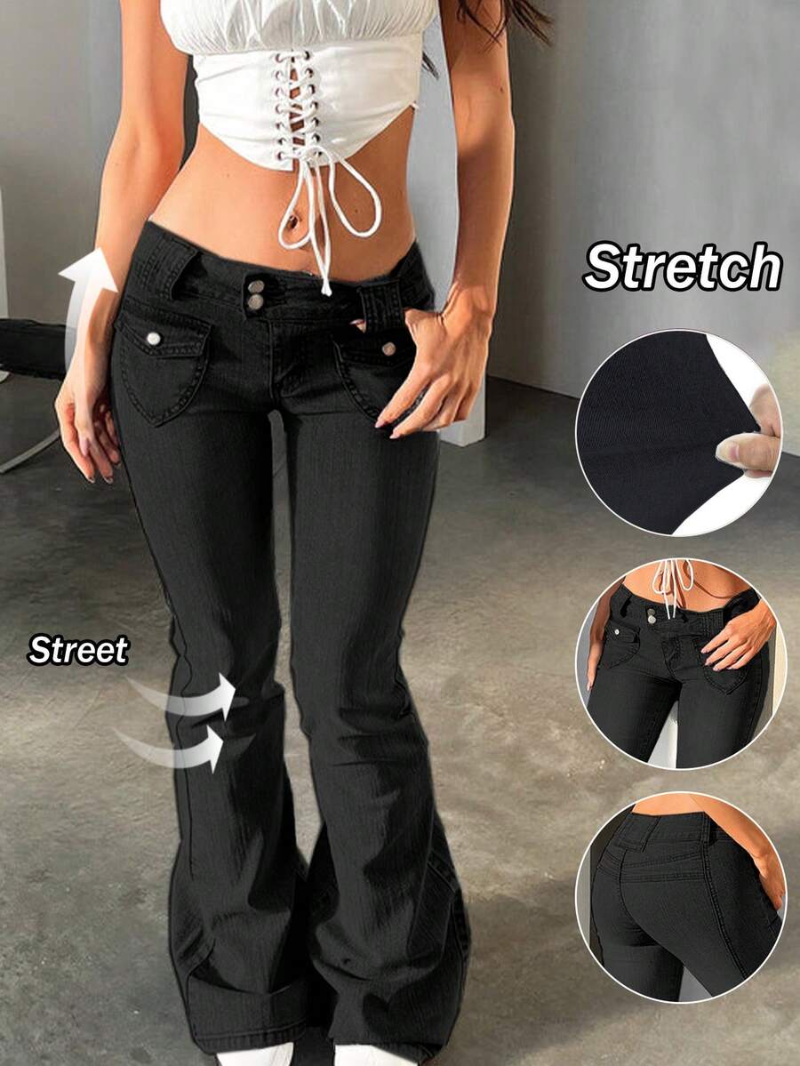 Jeans negros de tiro bajo, ajustados y con vuelo, de moda urbana para mujer - Negro - Ver 1