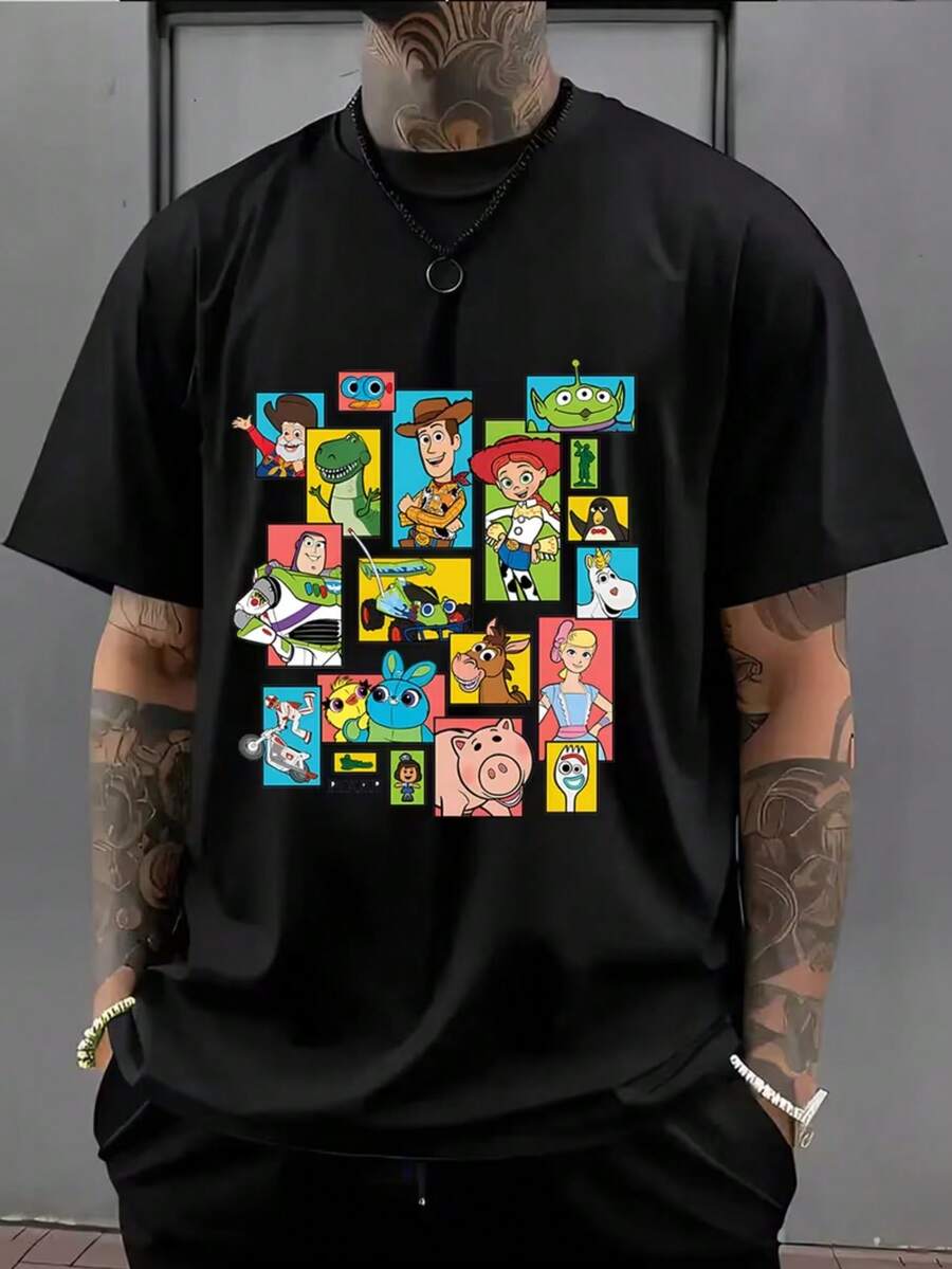 1 Disney Men's T-Shirt, Short-Sleeved T-Shirt With Toy Story Pattern For Men, T-Shirt With Round Neck For Leisure And Comfort, Breathable And Light, Suitable For Sports And Leisure Wear, T-Shirt For Spring And Summer, Suitable For Gifts, Suitable For Travel And Party Wear. - 黑色 - 查看 1