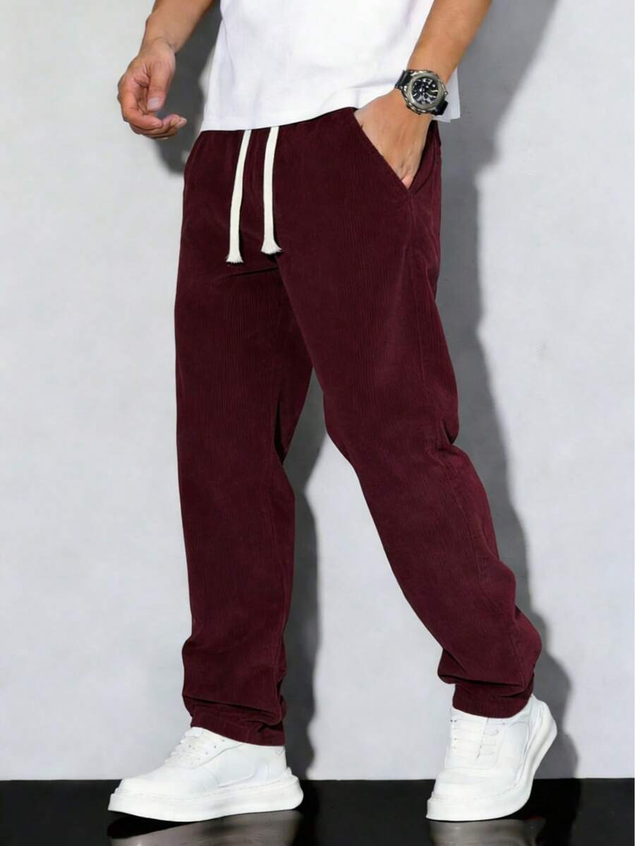 Men's Corduroy Lightweight Casual Trousers For Spring And Summer, Comfortable To Wear, With Drawstring And Pockets, Machine Washable. - 酒紅色 - 查看 1