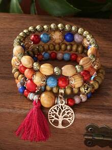 4 件套波西米亚风流苏生命树吊坠多层木珠手链 - 深混色 - 查看 5