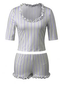 Women Y2k Striped 2 Pice Pajama Set Scoop Neck Half Sleeve Ruched Tops Low Waist Shorts Cute Slim Fit Tank Tee Mini Short Matching Sets Summer Going Outfit Beach Vacation Outfits Casual Streetwear - 天藍 - 查看 6