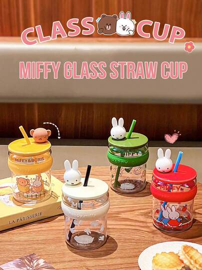Miffy Glass Straw Cup, 450ml Large Capacity, Multi-Color Lids (Yellow, White, Green, Red), Adorable Miffy Cartoon Print (White Rabbit In Yellow, Blue Clothes, Boris Brown Bear, Holding Hands Pose, Silhouettes), Anti-Scalding Silicone Ring, Easy Handle, Smooth Cup Mouth, Cute Silicone Rabbit Dustproof Ceramic Cover With Straw, Portable, Easy Clean, Suitable For Daily Use, Leisure, Picnic, Office, Home, Study, Travel, Ideal For Miffy Fans, Cartoon Lovers, Young