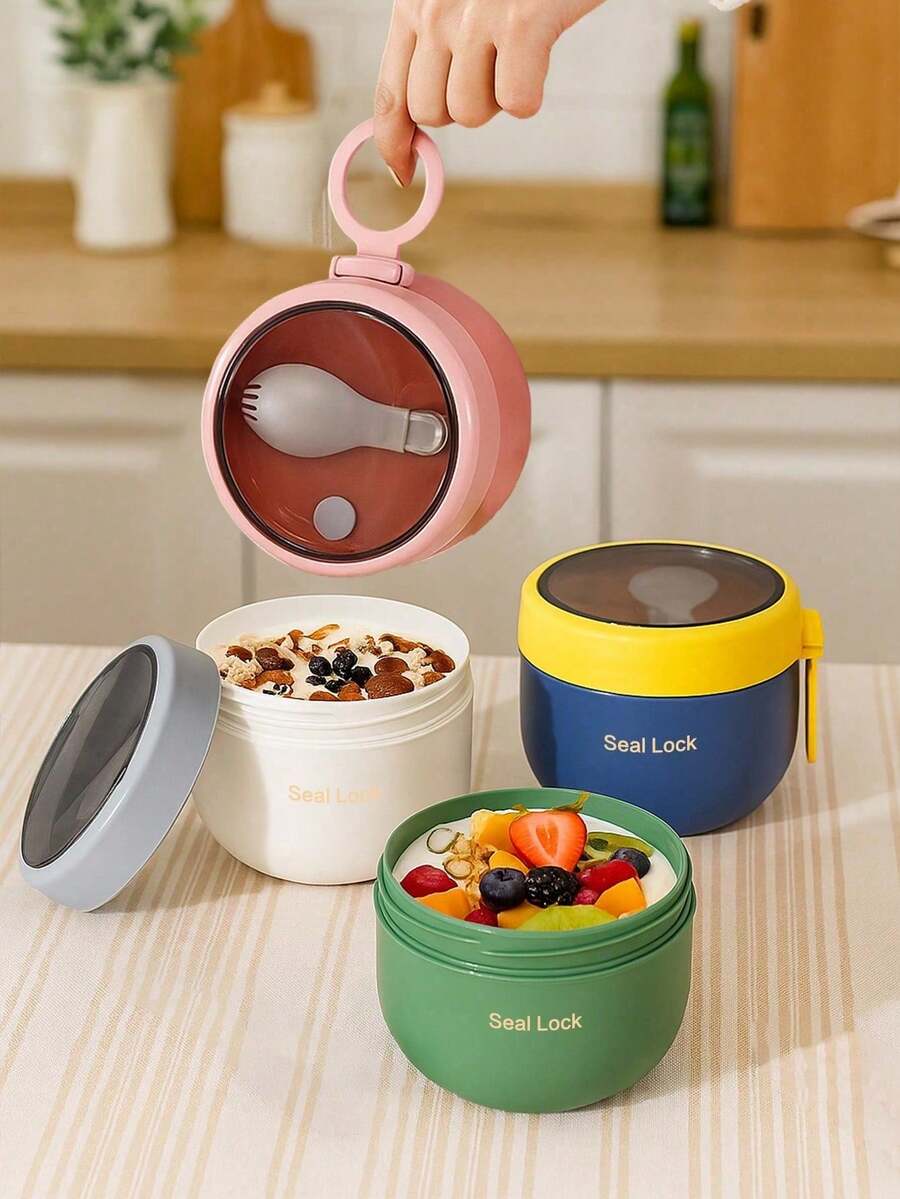 Leak-Proof Breakfast Food Container - Oatmeal & Yogurt Cup With Silicone Handle & Spoon, Suitable For School, Office, Travel, Picnic