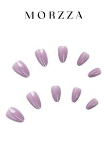 24pcs Spring Retro Casual Elegant Cute Gray-Purple Cat Eye Almond Shaped Disposable False Nail Stickers Set, Suitable For Elegant Women For Daily Life And Shopping - Dusty Purple - View 2