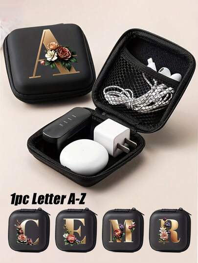 1pc 26 Letters Print Earphone Bag Mini Portable Earphone Bag Coin Purse Headphone USB Cable Case Carrying Pouch Bag Earphone Accessory Square Storage Box For AirPods